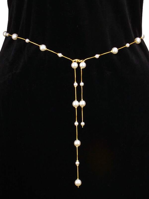 1 Pc Faux Pearl Irregular Bead Tassel Waist Chain, Alloy Faux Pearl Beaded Tassel Decorative Belt, Asymmetrical Waist Chain, Retro Versatile Body Chain, Suitable For Dress Decoration And Jeans, Women's Waist Accessories