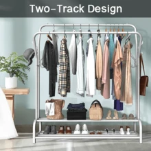 Metal Clothes Rail, Double Clothing Rail, Heavy Duty Clothes Rack, 2-Tier Shoe Rack, Free Standing Rails To Hang Clothes For Bedroom-Black/White - White - View 5