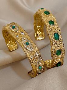 18K镀金不锈钢祖母绿和立方氧化锆手镯套装，略微偏大，可调节，适合作为母亲节礼物、教师节礼物、夏季旅行和海滩配饰、波西米亚风格珠宝、派对/舞会/日常佩戴、返校礼物、生日礼物、伴娘礼物、骄傲月配饰。 - 彩色 - 查看 1