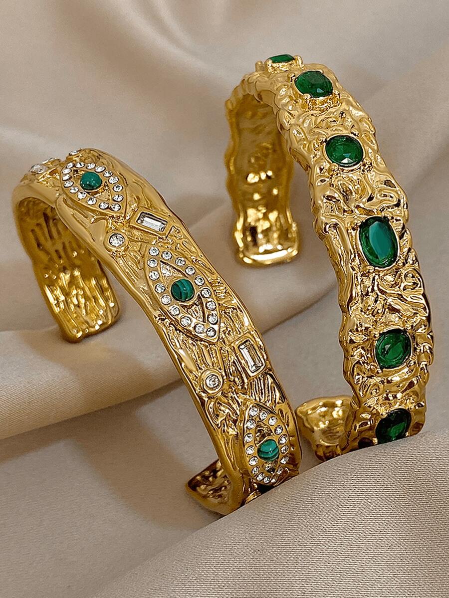 18K镀金不锈钢祖母绿和立方氧化锆手镯套装，略微偏大，可调节，适合作为母亲节礼物、教师节礼物、夏季旅行和海滩配饰、波西米亚风格珠宝、派对/舞会/日常佩戴、返校礼物、生日礼物、伴娘礼物、骄傲月配饰。 - 彩色 - 查看 1