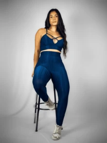 Women's Fitness Set Legging Pants Cirrê Top Ikat Polyamide - Màu xanh hải quân - Xem 1