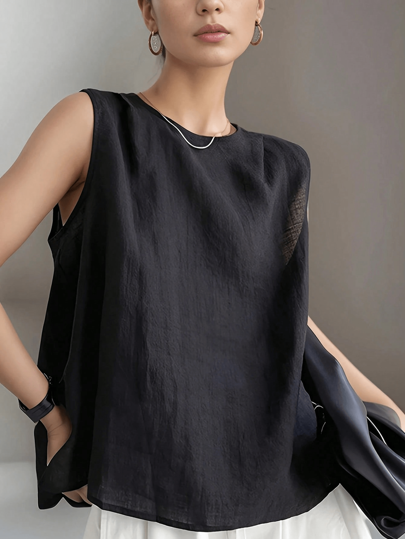 Plus Size Summer Casual Solid Color Sleeveless Back Button Blouse