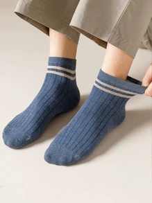 1/5/7 Pares Meias Curtas Masculinas com Listras e Barras Duplas de Cor Sólida, Adequadas para Uso no Verão