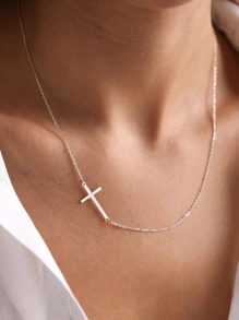 1pc S925 Sterling Silver Side Cross Pendant Necklace - Elegant Jewelry Gift For Women/Girls, Suitable For Everyday Wear