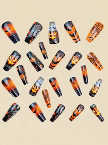 Halloween Nail Art Patches, Medium And Long Nail Art Patches, Halloween Orange Glossy Nail Art, Halloween Ballet False Nail Art Patches, Pumpkin Ghost Bat Spider Web Mysterious Color False Nail Art Patches, Orange Ballet Nail Art Patches