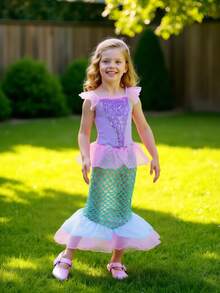 Young Girl Purple And Green Mermaid Formal Dress With Flutter Sleeves - Multicolor - View 7