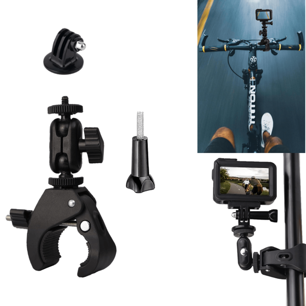 Suporte para guidão de motocicleta/bicicleta com ângulo múltiplo, giratório 360°, compatível com câmeras de ação Hero 13, 12, 11, 10, 9, 8, 7, 6, 5 / Insta 360 One X/X2/X3/X4, com adaptador de braço mágico com cabeça esférica dupla