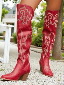 New Arrival Red Cowboy Boots For Women Embroidered Pointed Toe Chunky Heel Over-The-Knee Cowgirl Outfits For Women Western Retro Brown Black Country Concert Summer Boots - 紅色 - 查看 8