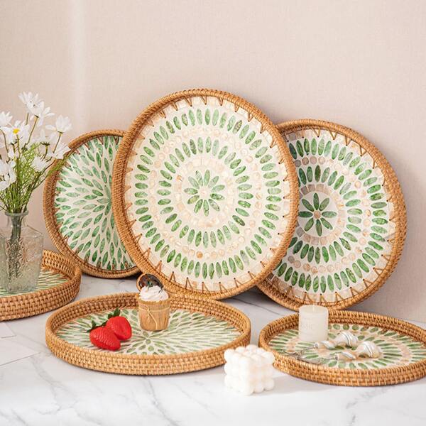 1 Stück 33/36 cm rechteckiges handgefertigtes Rattan-Geflechttablett mit Perlmutt-Einlegearbeiten, geeignet für die Präsentation von Speisen, Desserts, Kerzen, als Weihnachts-, Hochzeits- oder Halloween-Dekoration für Zuhause