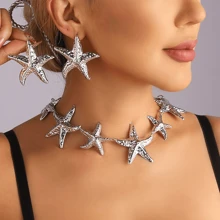 Exaggerated Starfish Necklace, Earrings & Metal Jewelry Set, Bohemian Style Resort Fashion Accessories For Women