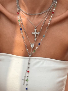 4/3/1 Set modischer, sexy, übertriebener vintage Kreuz, Seestern, Blumen, bunte Perlenimitation, Kristall-Geometrie-Muster Kupfer-Halsketten-Set für Frauen, Strand, Date, Party, Geschenke, alltägliches Styling