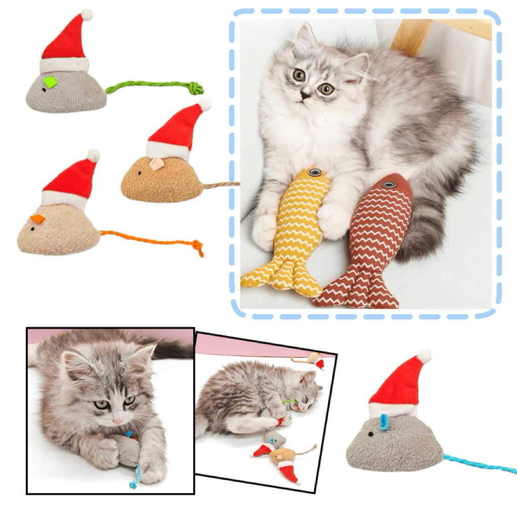 2pcs Christmas Santa Hat Mouse, Plush Simulation Fish, Self-Entertained Cat Toy Set, Colorful Fluffy Mouse & Cat Toys, Cat Teaser, Kitten Chew Toys