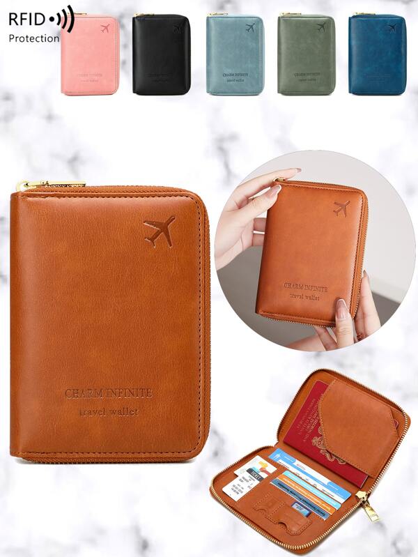 2025 New Cross-Border RFID Anti-Magnetic Short Zipper Passport Holder, Multi-Function Travel Passport Document Organizer