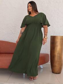 Women's Plus Size Long Dress With Waistline, Party Line - xanh quân đội - Xem 2