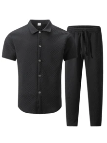 2 件男士夏季休闲纯色提花领衬衫和裤子套装，春夏夏威夷运动和度假装