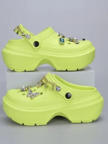 Revreal Black Platform Clogs With Colorful Rhinestone Charms And Chain Cute Bohemian Preppy College Resort Fashion Casual Outdoor - Yellow - View 1