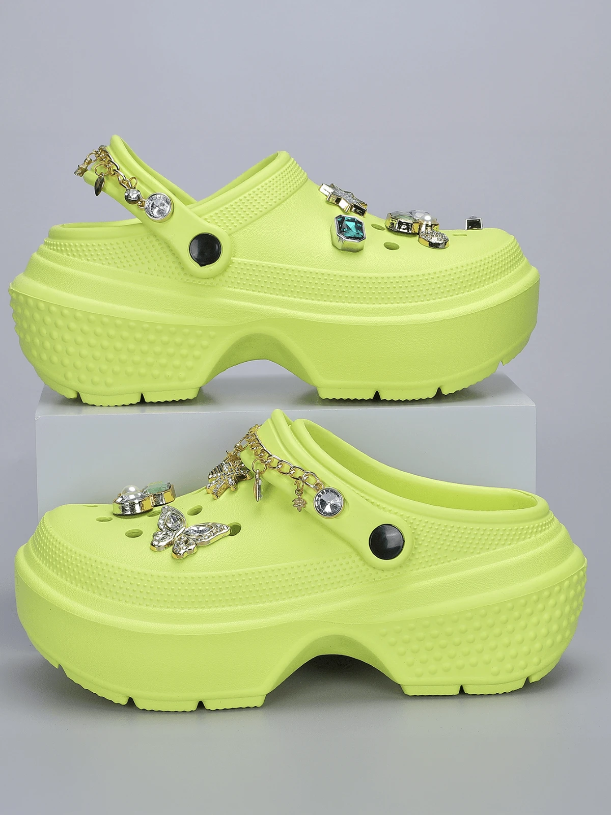 Revreal Black Platform Clogs With Colorful Rhinestone Charms And Chain Cute Bohemian Preppy College Resort Fashion Casual Outdoor - Yellow - View 1