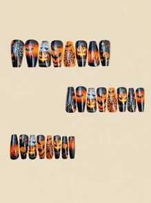 Halloween Nail Art Patches, Medium And Long Nail Art Patches, Halloween Orange Glossy Nail Art, Halloween Ballet False Nail Art Patches, Pumpkin Ghost Bat Spider Web Mysterious Color False Nail Art Patches, Orange Ballet Nail Art Patches