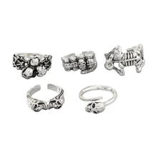 5pcs Adjustable Silver Skeleton Rings Set, Punk Rock Style Biker Rings For Men, Suitable For Nightclub, Party, Bar Wear, Versatile DIY Street Accessories