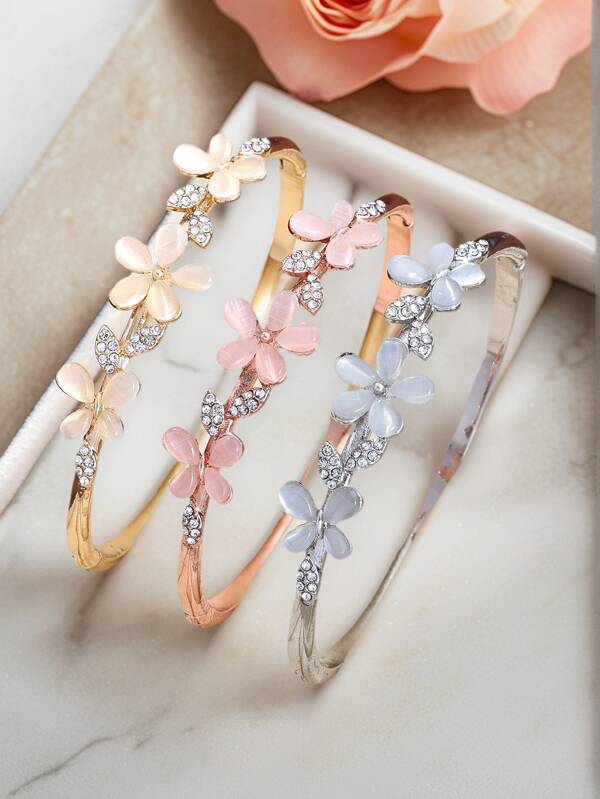 Shinny Rhinestone Stone Flower With Leaf Girl Bracelet Charming Gift Party Casual Accessory