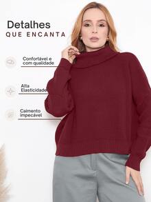 Basic Knitted Blouse With High Collar - Burgundy - View 2