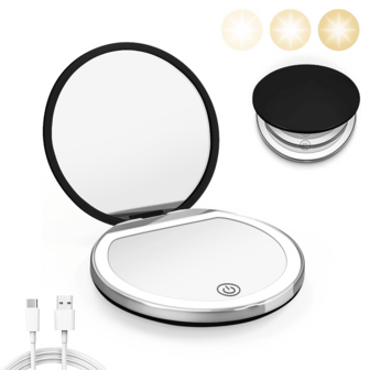 Espejo de maquillaje circular con ampliación 2X, tres niveles de atenuación, tapa portátil abatible, iluminación LED y carga USB. Espejo de belleza con un lado ampliado 2X. Idea de regalo única, genial y elegante para hombres y mujeres.