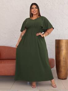 Women's Plus Size Long Dress With Waistline, Party Line - xanh quân đội - Xem 5