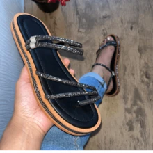 Women's Flat Luxury Rhinestone Flat Sandals 2 In 1 Bohemian Flatform Sandals White Gold Silver Black Shiny Party Launch Promotion - Black Lead - View 2