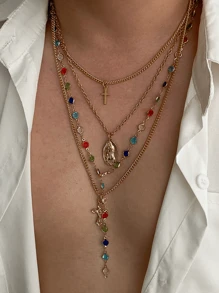 4/3/1 Set modischer, sexy, übertriebener vintage Kreuz, Seestern, Blumen, bunte Perlenimitation, Kristall-Geometrie-Muster Kupfer-Halsketten-Set für Frauen, Strand, Date, Party, Geschenke, alltägliches Styling