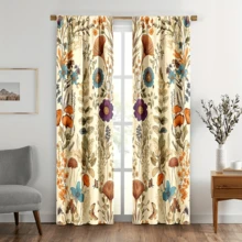 2pcs Vintage Floral Curtains - Boho Retro Orange Blossom Botanical Design, Rod Pocket Polyester Window Drapery For Bedroom & Living Room, UV Protection, Semi-Transparent, Machine Washable - 淡黃色 - 查看 1