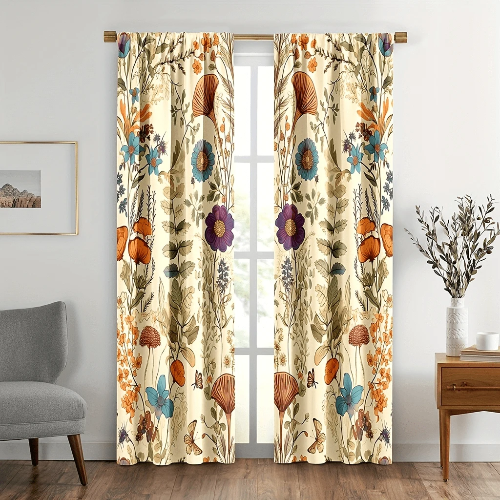 2pcs Vintage Floral Curtains - Boho Retro Orange Blossom Botanical Design, Rod Pocket Polyester Window Drapery For Bedroom & Living Room, UV Protection, Semi-Transparent, Machine Washable - 淡黃色 - 查看 1