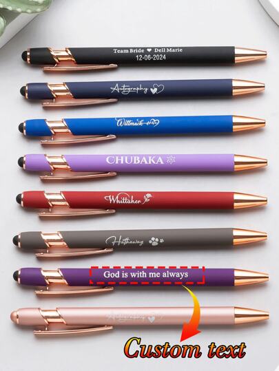 1/5/10/20pcs Customized Text/Logo Personalized Luxury Soft Touch Rose Gold Premium Custom Rubber Stylus Ballpoint Pen, Aluminum Barrel Roller Pen, Perfect Gift For Bridesmaid, Women, Student, Teacher, Family & Friends