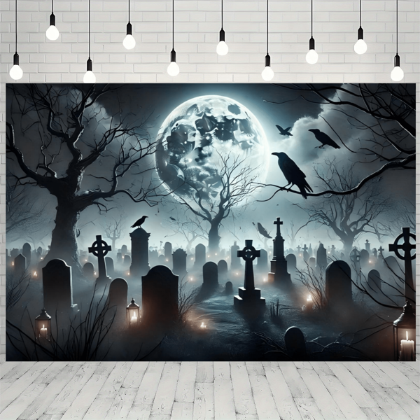 1pc Halloween Haunted Graveyard Backdrop With Full Moon, Tombstones And Crows, Polyester Fabric (--Horror Scene Featuring Dead Trees, Lanterns And Eerie Mist, Perfect For Halloween Party Decorations, Haunted House Backdrops, Can Be Used Indoors Or Outdoors