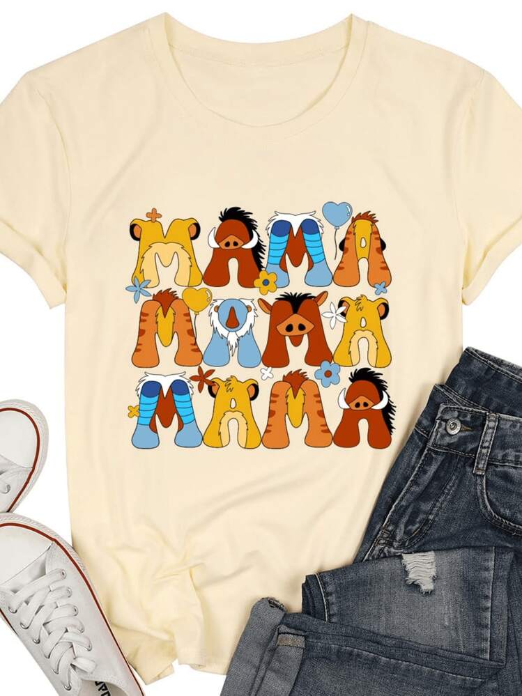 Lion King Mama Women'sTeeCartoon Animal Print Tee Style Top - Màu be - Xem 1