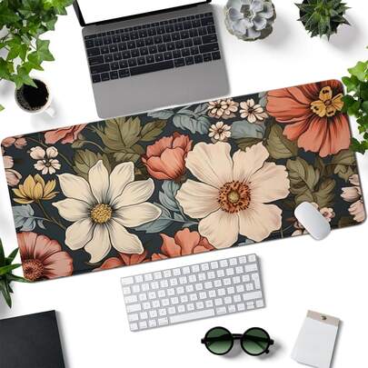 1pc Vintage Flowers Mouse Pad Boho Design Aesthetic Desk Pad Large Desk Accessories Rubber Base With Stitched Edge Non-Slip Keyboard Pad For Office Home Computer As Gifts For Men Women Friends