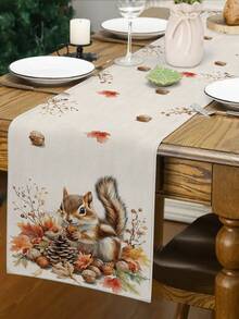 1pc Thanksgiving Squirrel Decorative Table Runner, Autumn Harvest Linen Table Runner, Plaid Pumpkin Table Runner, Squirrel Table Runner, 1 Table Runner, 4 Placemats, 1 Cushion Cover, 3 Product Options, Seasonal Home Decor Indoor/Outdoor Party Supplies, Autumn Decor, Thanksgiving Decor, Room Decor - Multicolor - View 2