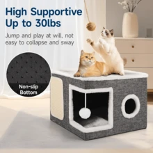 A Cat Bed Suitable For Indoor Cats, With A Large Cat Hole For A Comfortable Apartment, Fluffy Hanging Balls, Round Windows, A Foldable Indoor Cat House, Capable Of Bearing Up To 30 Pounds (About 13.6 Kilograms), With Double-Sided Soft Cushions, Suitable For All Seasons - 灰色 - 查看 5