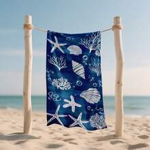 1 pieza Manta de playa con estampado de estrella de mar y concha - Tamaño grande, suave de microfibra, secado rápido, anti-arena, ideal para viajes, camping, natación, yoga y vacaciones en la playa, azul con patrón de criaturas marinas blancas, Esterilla de playa, Artículos esenciales de playa - Multicolor - Ver 2