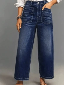 Women's New Fashion Pocket Design Casual Vintage Loose Fit Wide Leg Jeans,Straight Leg Long Denim Pants, Easily Adjusts Leg Shape, Elongating And Slimming, Suitable For Work Commute, Casual Daily Wear - 深藍 - 查看 3