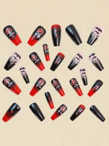 Halloween Nail Art Patches, Medium And Long Nail Art Patches, Halloween Red And Black Glossy Nail Art, Halloween Ballet False Nail Art Patches, Red Rose Blood Bat Mysterious Color False Nail Art Patches, Red Ballet Nail Art Patches, Halloween Festival Gift Nail Art Patches