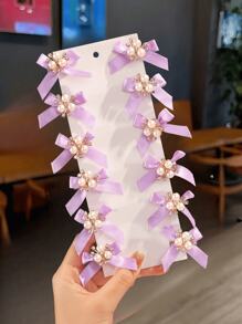 10pcs/Pack Girls' Cute & Delicate Versatile Mini Multi-Color Bowknot Pearl Decor Hair Clips