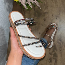 Women's Flat Luxury Rhinestone Flat Sandals 2 In 1 Bohemian Flatform Sandals White Gold Silver Black Shiny Party Launch Promotion - White Colored - View 2