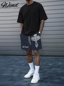 Men's Summer Vintage Cross 3D Print Regular Shorts, Casual Sports Relaxed Fit, Suitable For Sports, Leisure, Home Gatherings