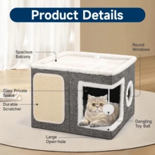 A Cat Bed Suitable For Indoor Cats, With A Large Cat Hole For A Comfortable Apartment, Fluffy Hanging Balls, Round Windows, A Foldable Indoor Cat House, Capable Of Bearing Up To 30 Pounds (About 13.6 Kilograms), With Double-Sided Soft Cushions, Suitable For All Seasons - 灰色 - 查看 3