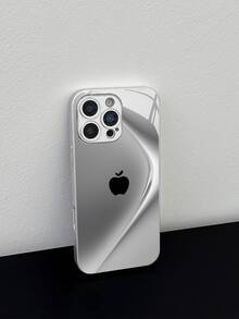 极简商务苹果纹银色手机壳 渐变弧形设计 高清玻璃手机壳 防摔 男女通用 适用于 17/16 Pro Max/15 Pro/14 Pro Max/13 Pro Max/16 Pro/15 Pro Max/12 Pro Max/11/XS Max/7 Plus 13 防摔保护壳