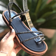 Women's Flat Luxury Rhinestone Flat Sandals 2 In 1 Bohemian Flatform Sandals White Gold Silver Black Shiny Party Launch Promotion - Black Lead - View 3