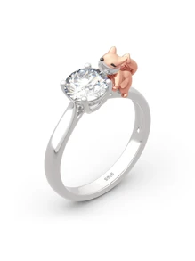 1pc S925 Silver Creative & Cute Fox Embraced 1 Carat Round Cubic Zirconia Ring, Jewelry Gift For Loved Ones