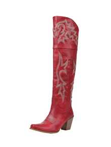 New Arrival Red Cowboy Boots For Women Embroidered Pointed Toe Chunky Heel Over-The-Knee Cowgirl Outfits For Women Western Retro Brown Black Country Concert Summer Boots - 紅色 - 查看 11