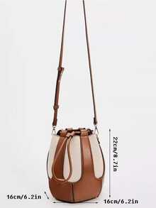 时尚拼接面料绗缝工艺缝制水桶包，抽绳开合设计单肩包，优雅女士钱包，商务通勤包，适合旅行购物，通勤上班。