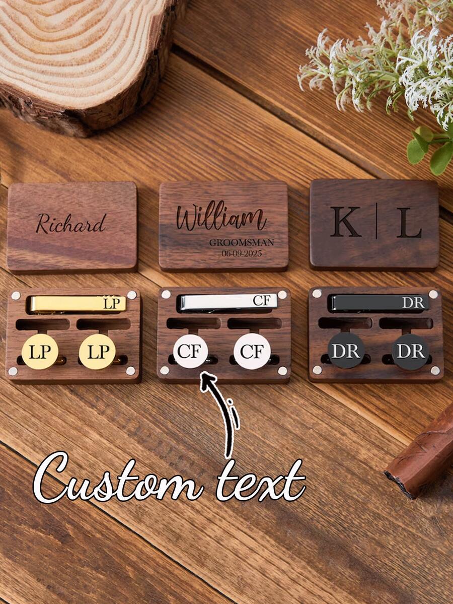 Personalized Tie Clip Gift Box, Personalized Cufflinks, Personalized Initial, Engraved Wedding Cufflinks, Customized Tie Clip Set, Groomsman Gift, Father's Day Gift, Husband Gift, Groomsman Proposal Gift - Multicolor - View 1
